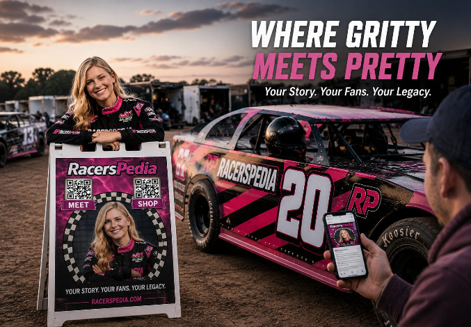 Racer standing beside a pink race car and RacersPedia board