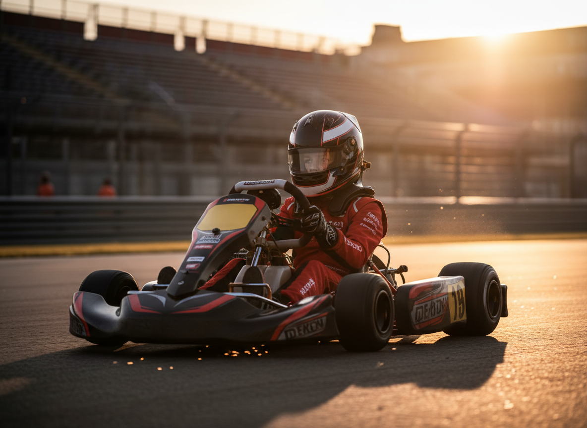 Junior kart racer driving on track at sunset
