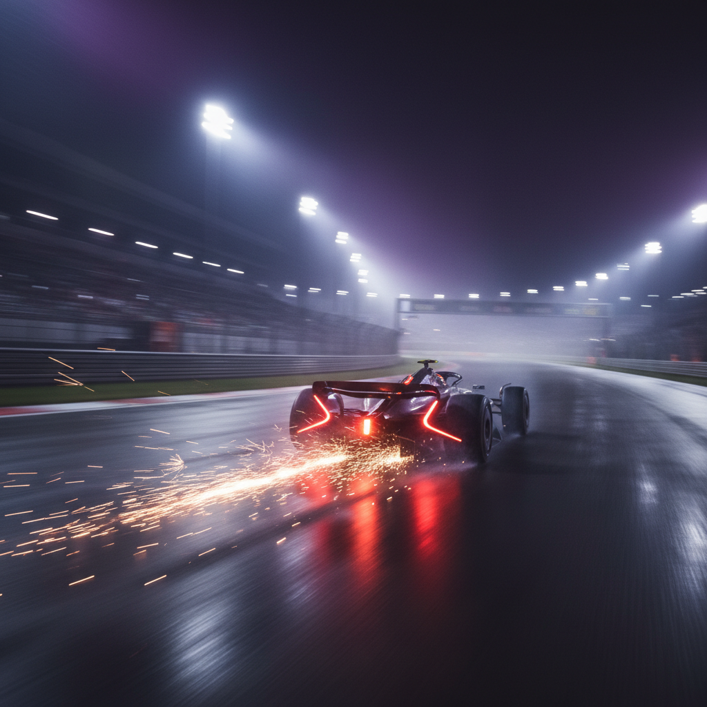 Race car driving at night in wet track conditions