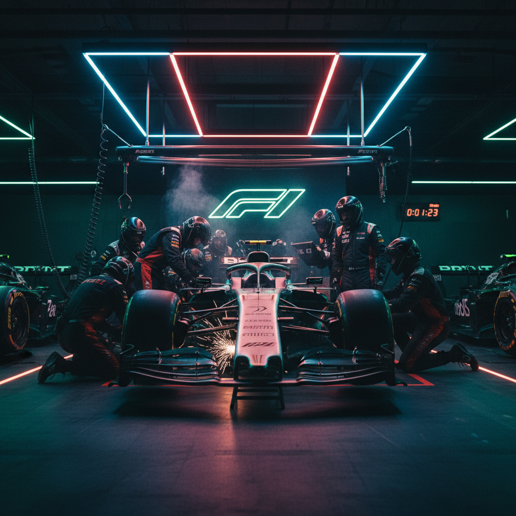 Race car team working in a neon-lit garage